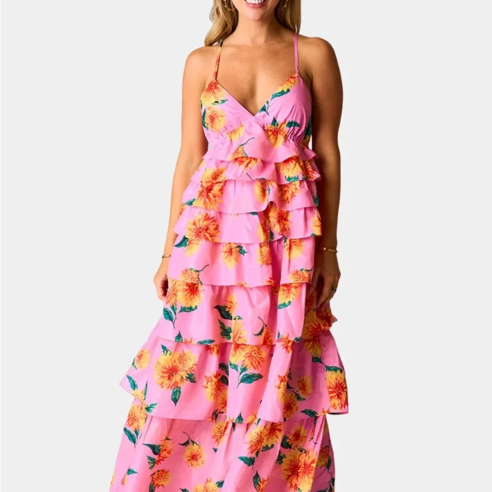 Viral Buddy Love Floral Sunflower Pink Ruffle Maxi Dress - Picture 9 of 9
